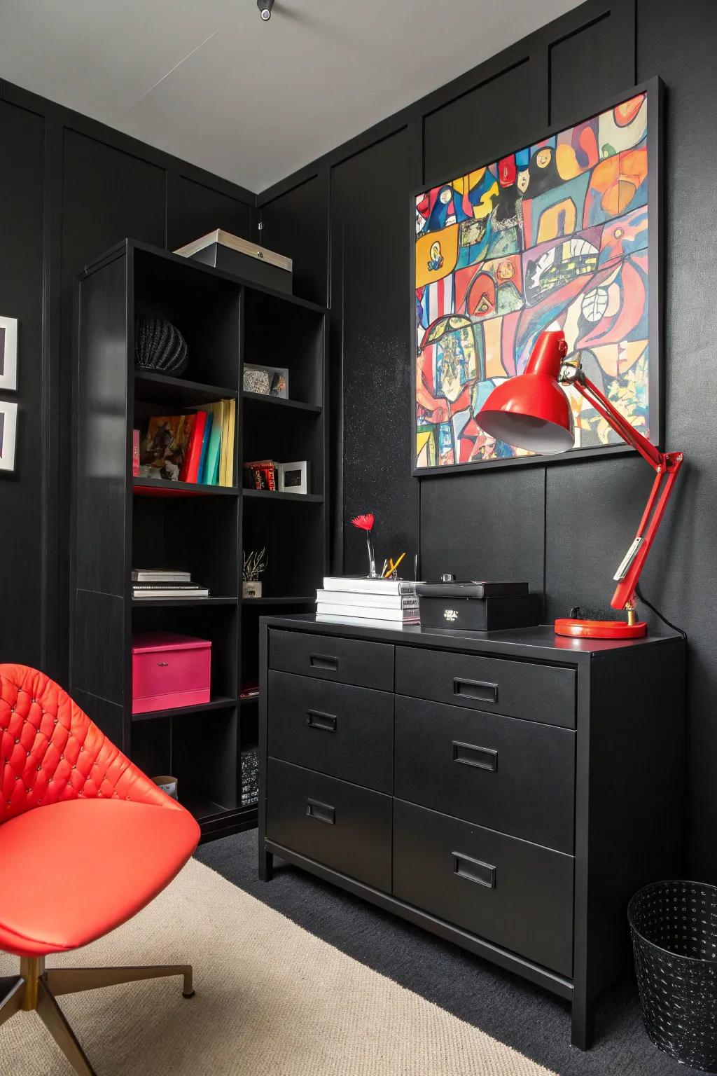 A bright spot of color adds energy and life to a dark office.