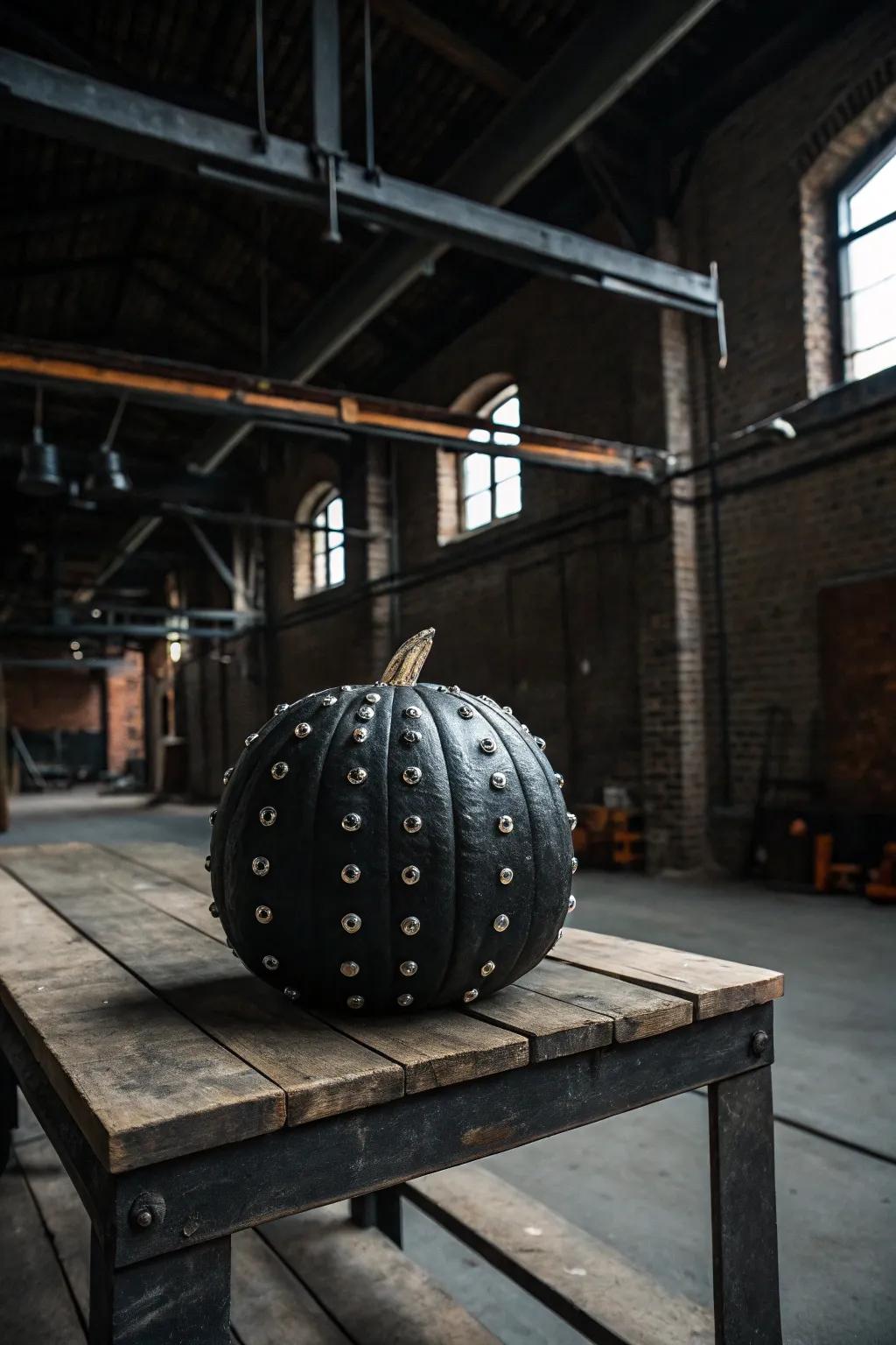 An ebony gourd featuring metallic boltheads, presenting a contemporary, edgy aesthetic.