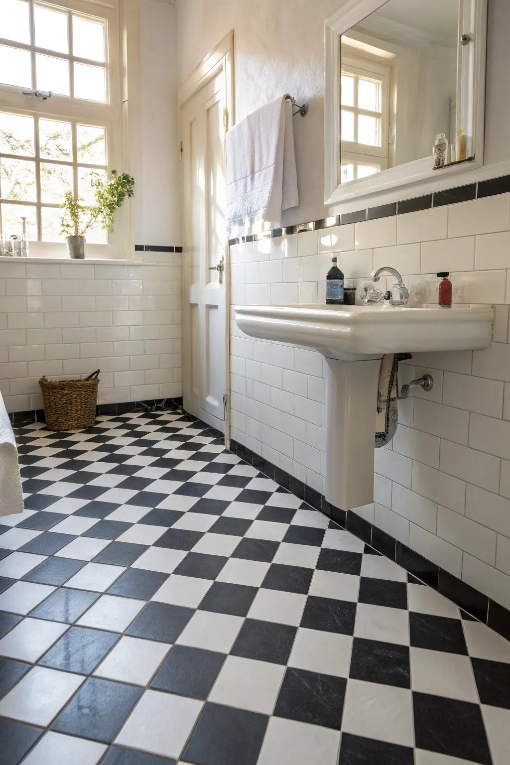The dark and white square design incorporates classic charm to the bathroom.