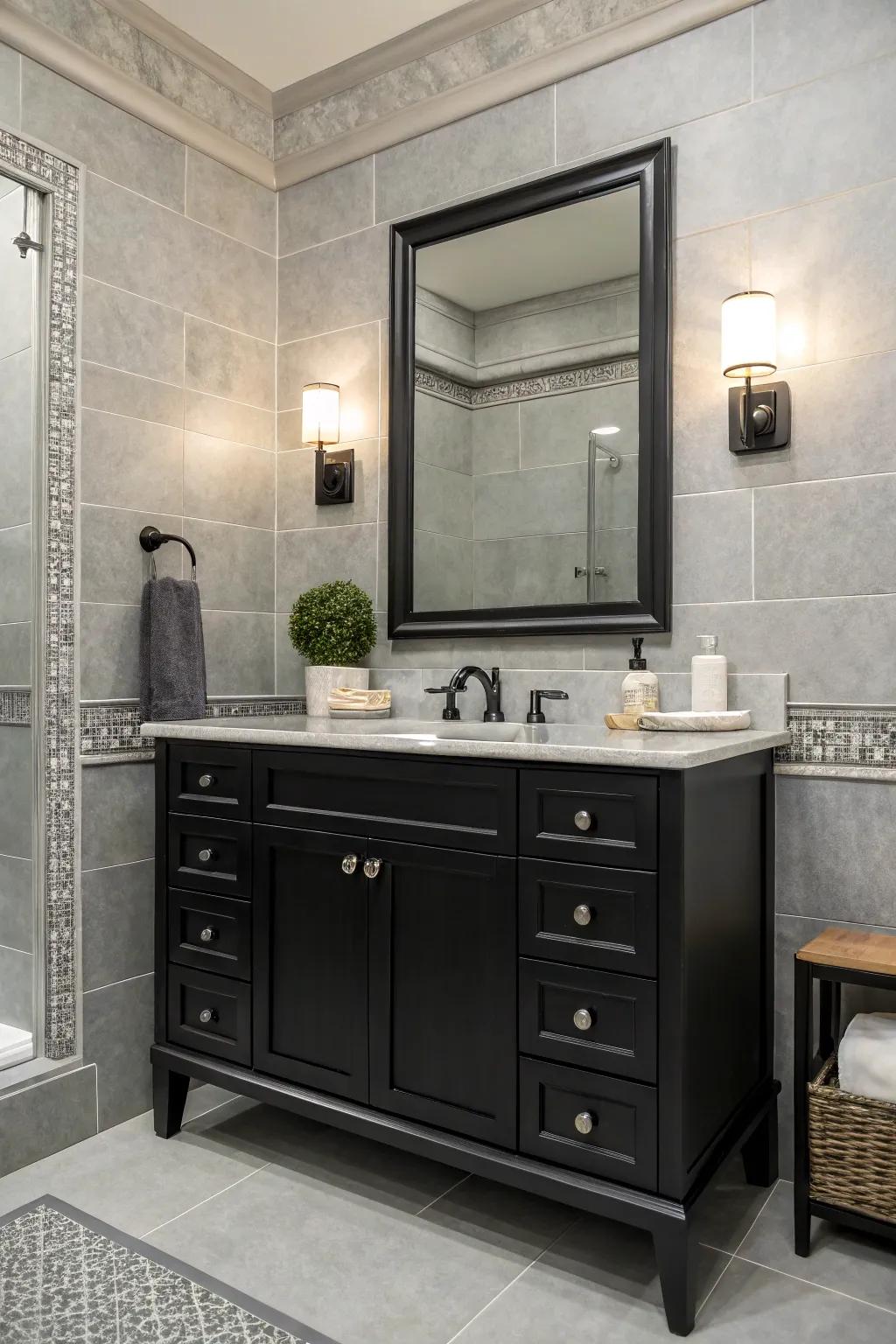 Grayscale tones provide a sophisticated backdrop for a dark washstand, enhancing depth.