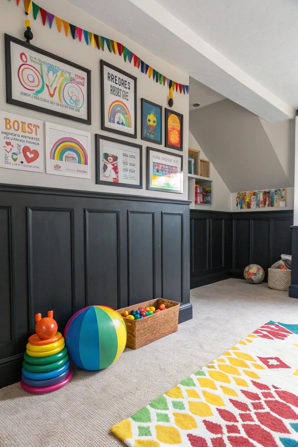 Playful kids' room featuring stylish dark-toned wood panels.