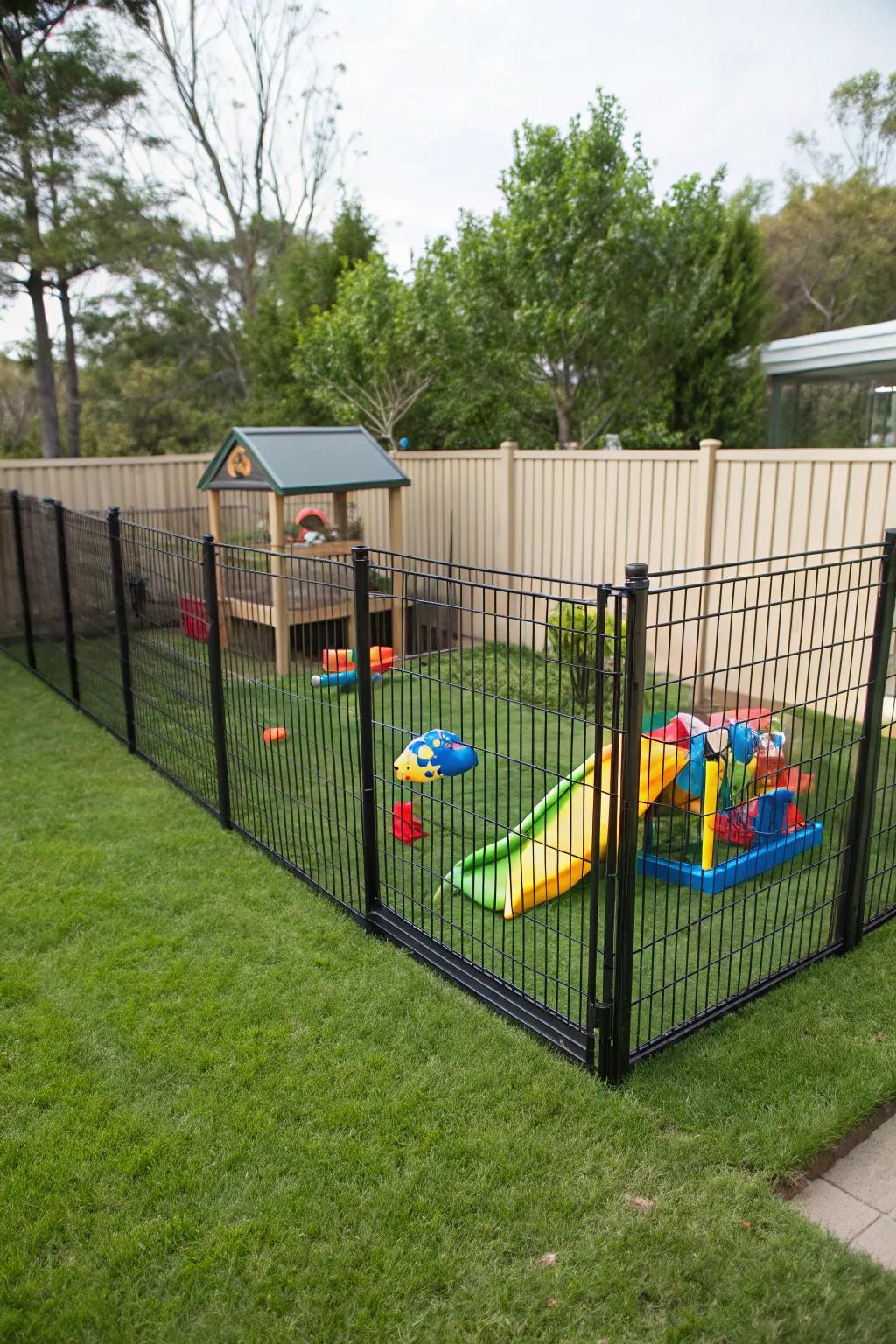 Design a safe play area with a dark metallic mesh barrier for your kids.