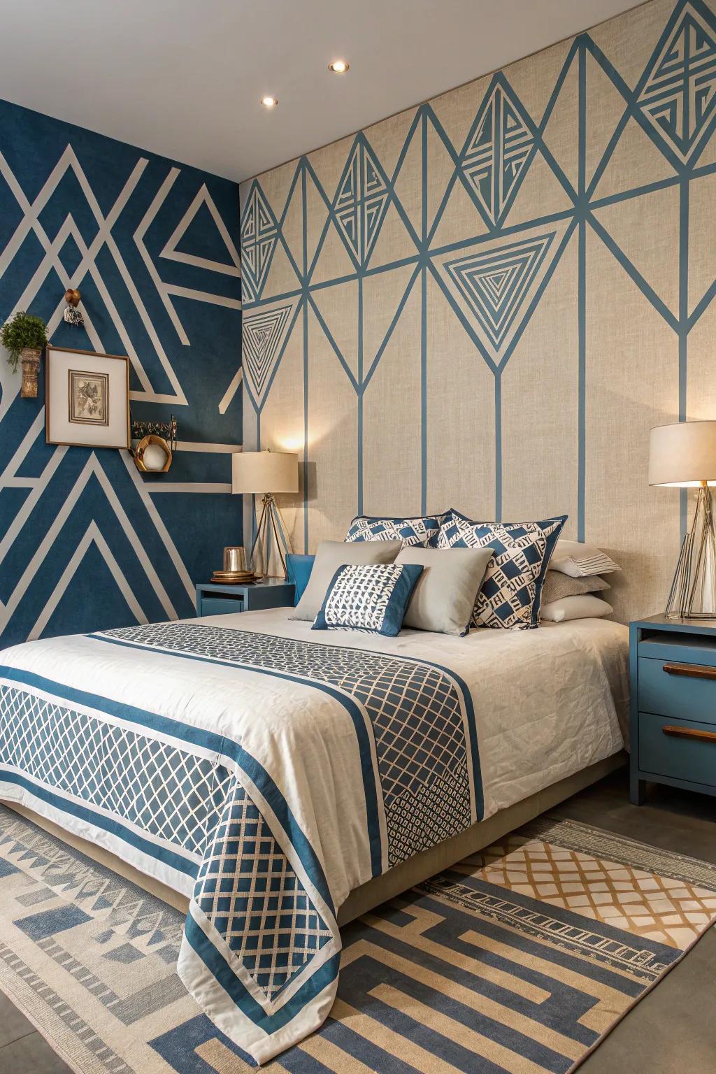 Geometric designs in azure and sandstone add a modern spin to the room.