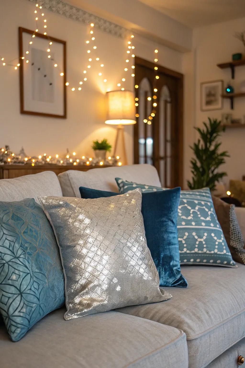 Silver and blue bed cushions bring new designs and weaves to this cozy living room.