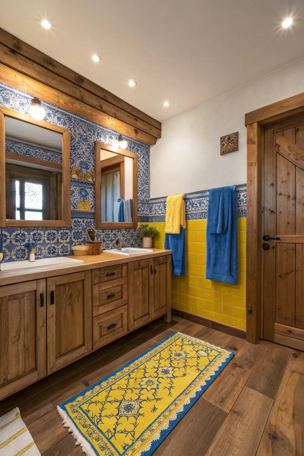 Rustic wood combined with modern elements creates a cozy, stylish bathroom.