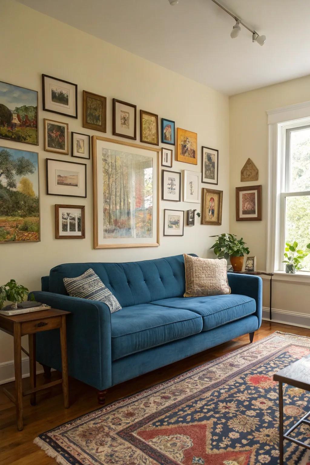 A display of art infuses personal flair and accentuates the cerulean settee.