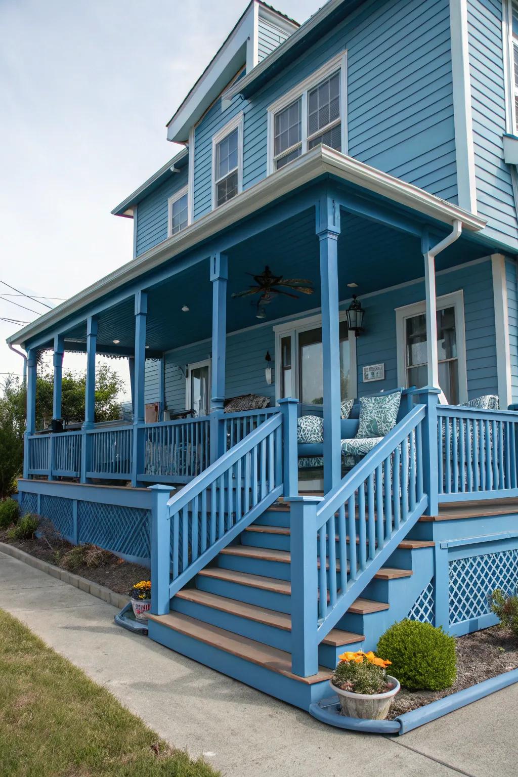 A blue veranda binds the outdoor design collectively.