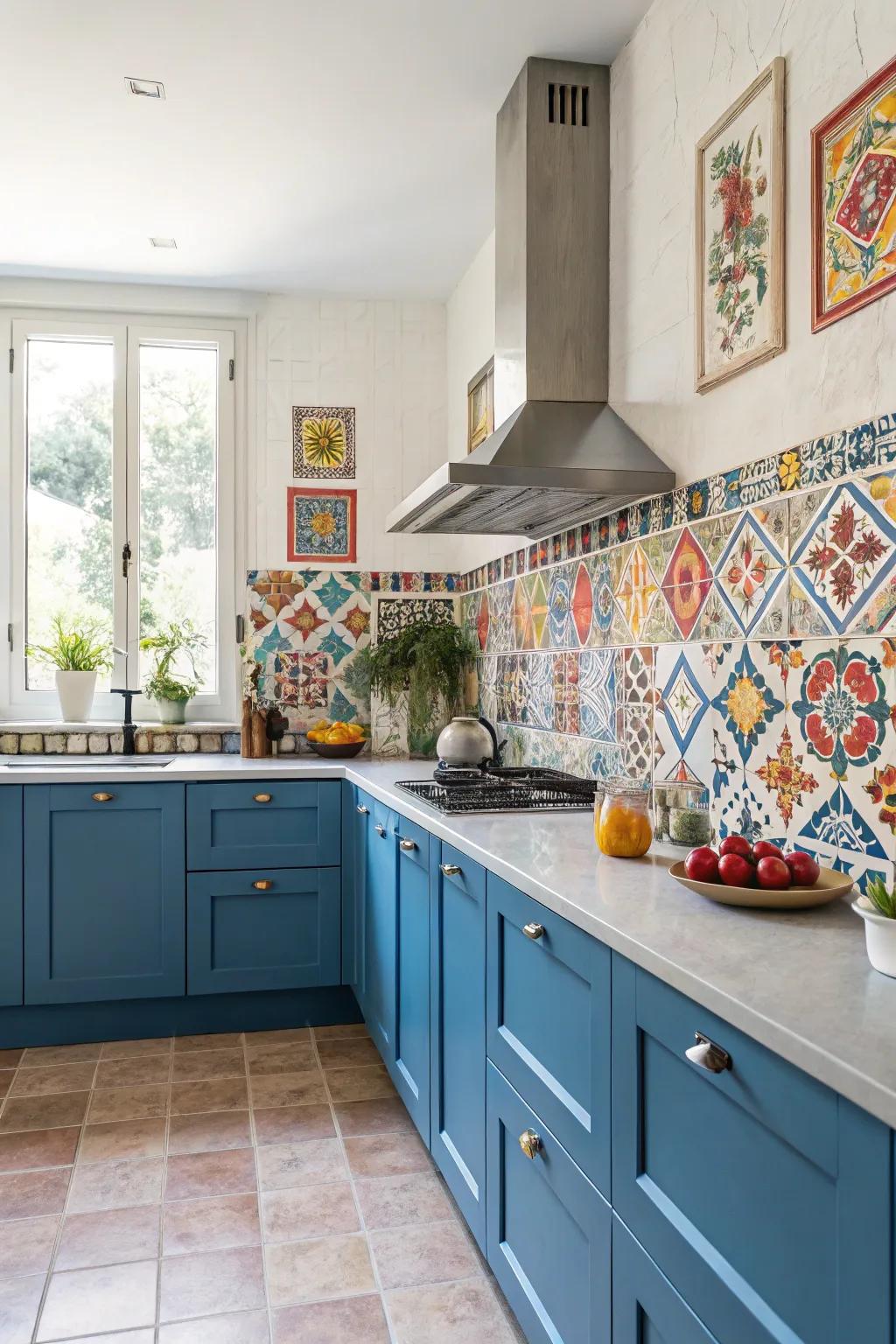 A striking patterned splashback with azure cabinetry adds unique character to the kitchen.