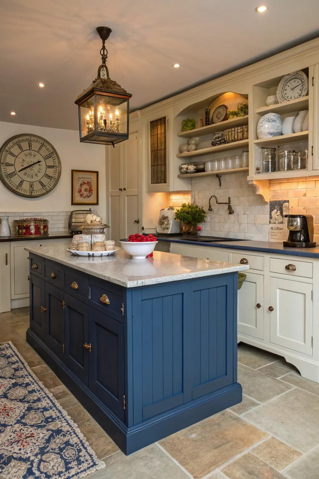 A deep cerulean cooking hub brings retro charm to this inviting kitchen.