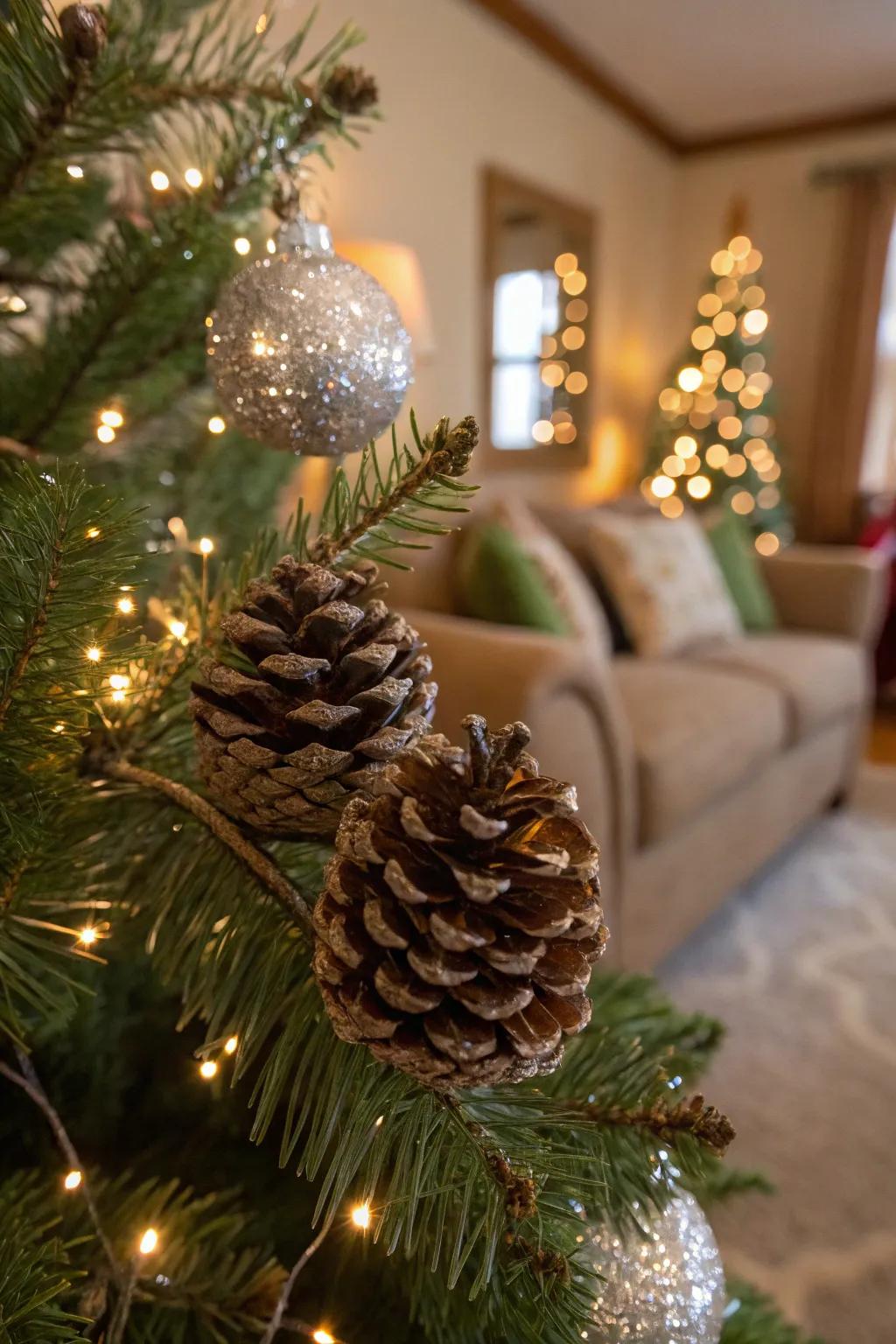 Glittering pine cones append a natural yet glamorous nuance.