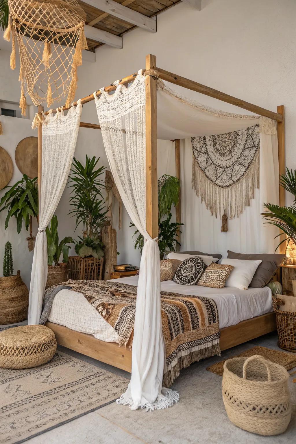 A draped bed imparts refinement and tranquility.