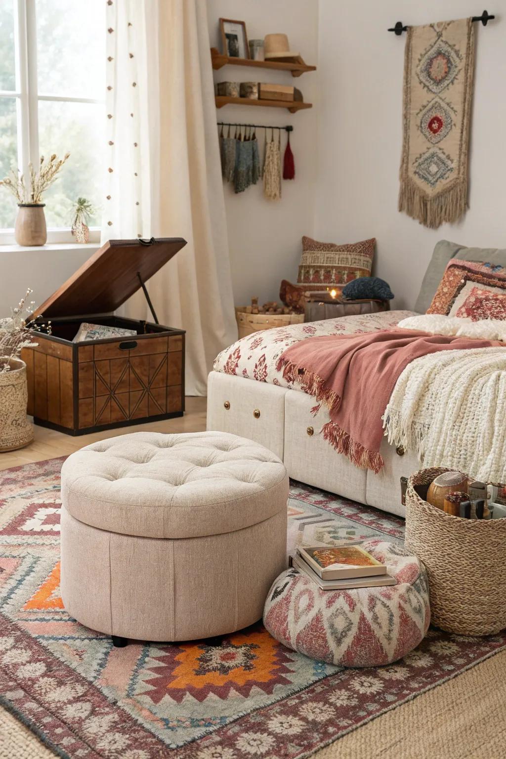 Multifunctional furniture introduces practicality and style to boho decor.