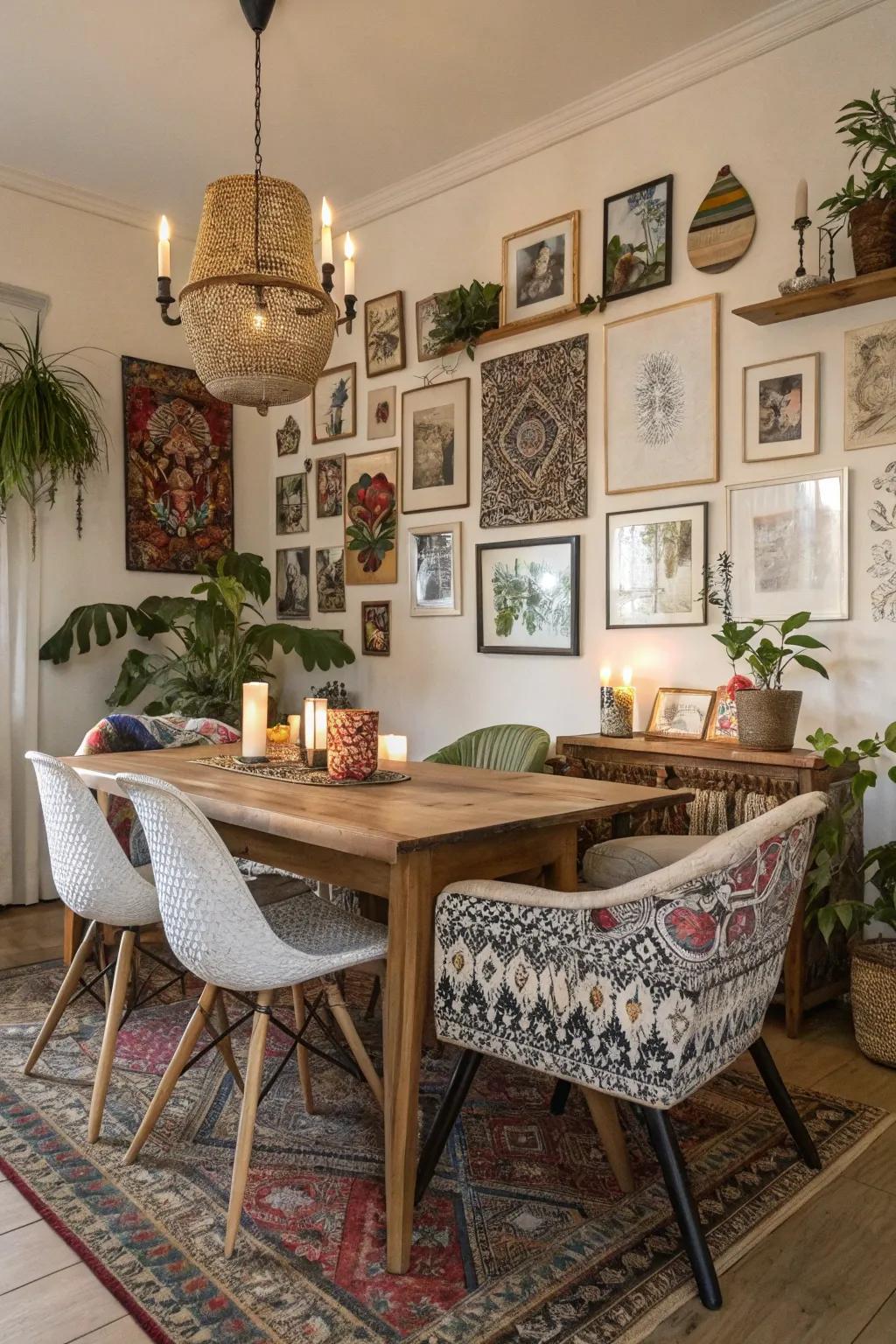 A gallery display injecting creativity into a boho dining setting.