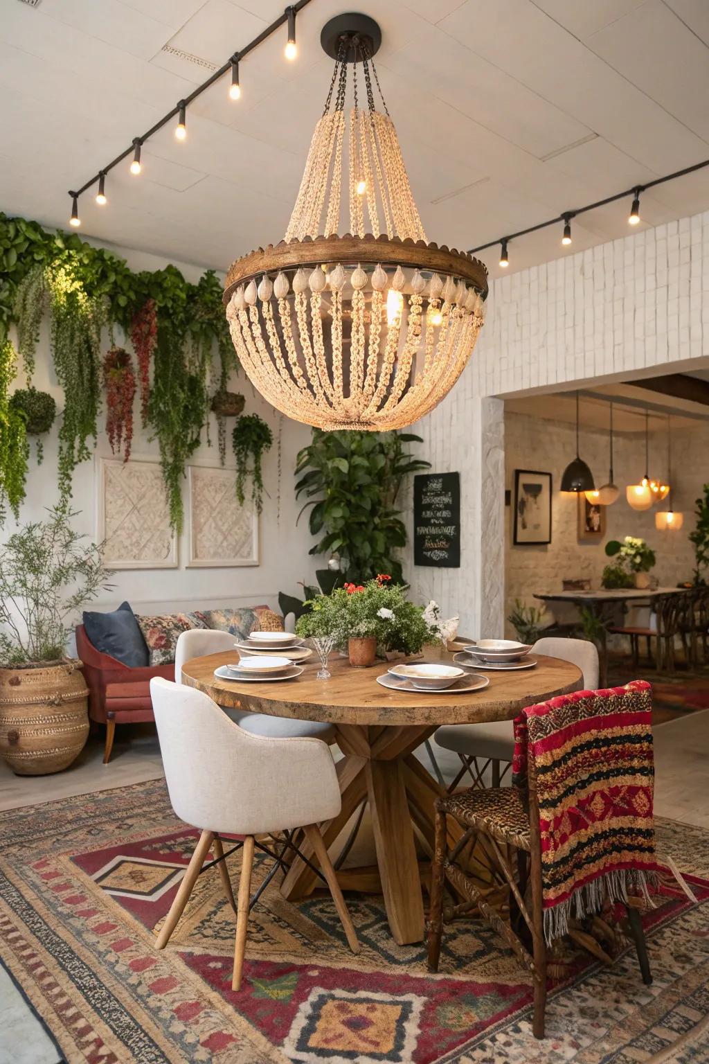 The wooden bead chandelier is both whimsical and graceful within this dining space.