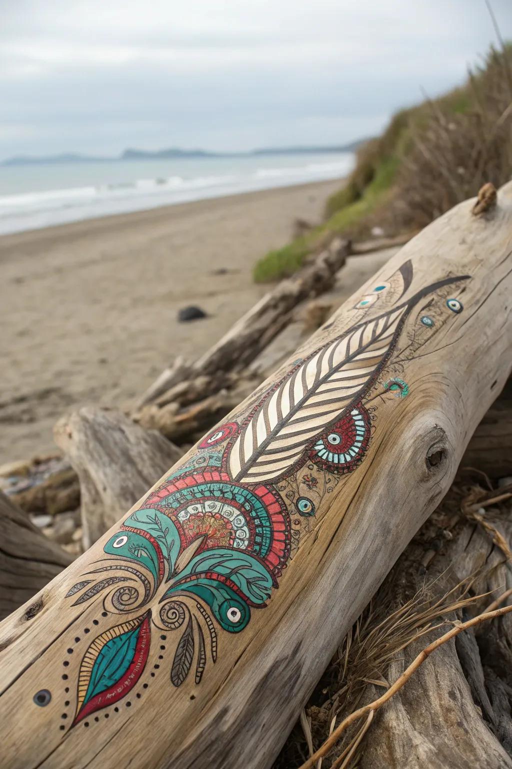 A bohemian painting that combines the organic beauty of driftwood with artistic designs.