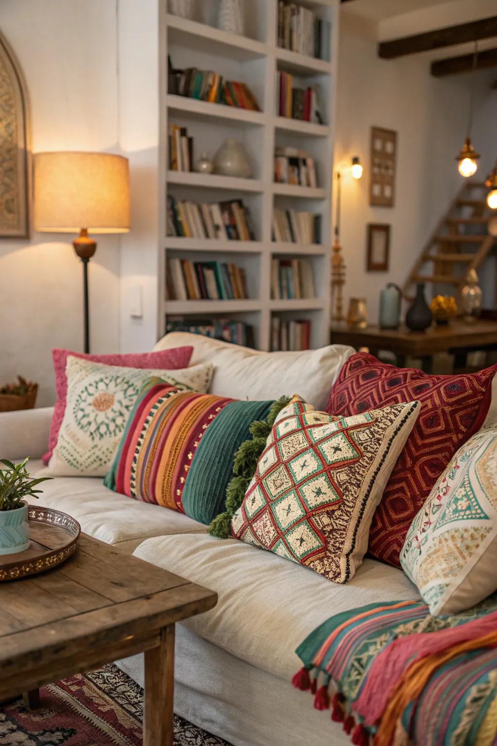 Plush pillows add comfort and color to a boho space.