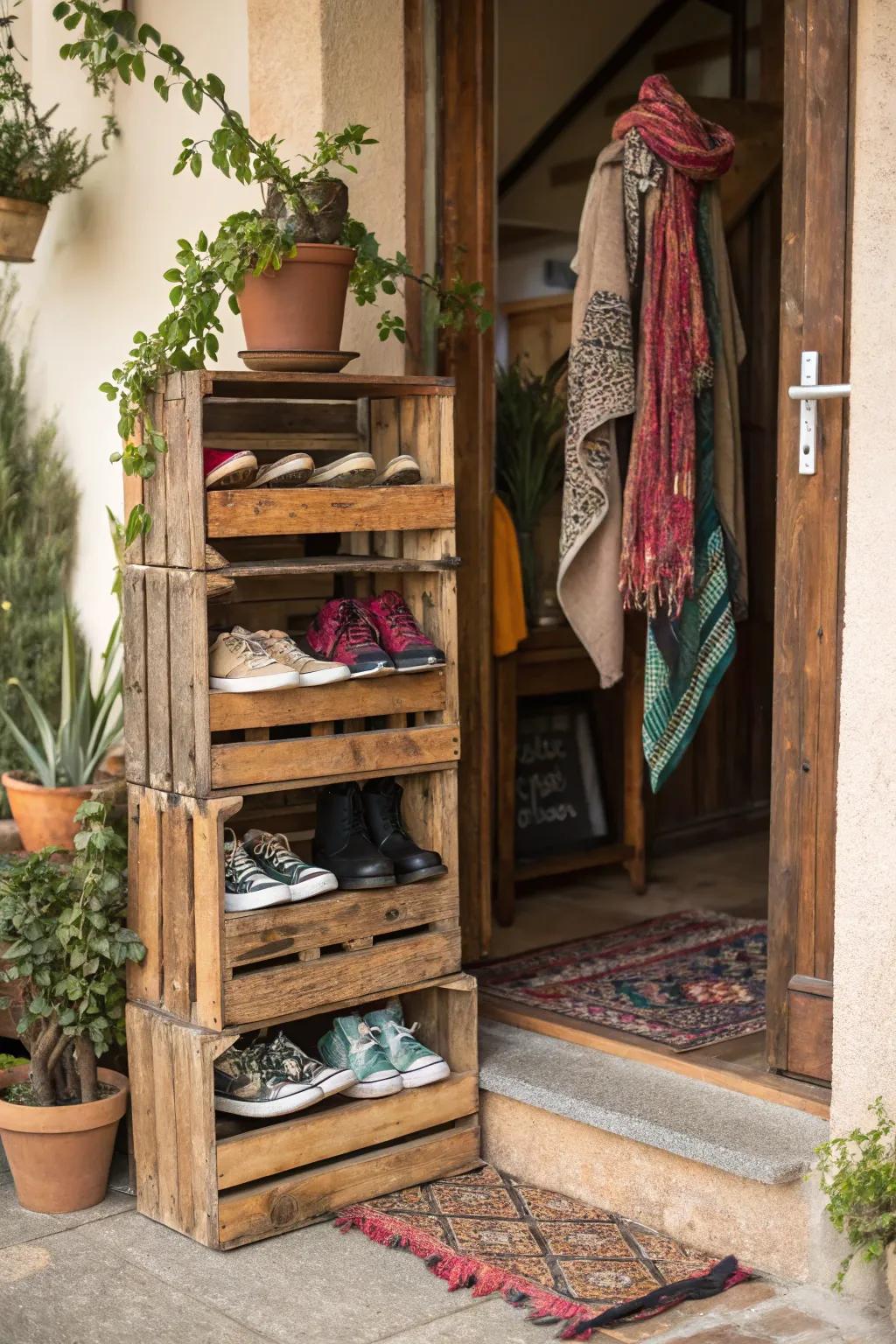 Wood containers add rustic charm and practical storage.
