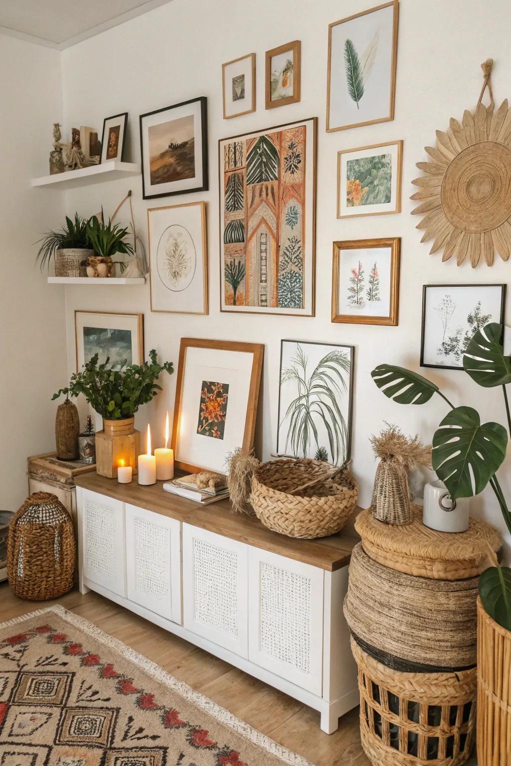 A multi-layered gallery wall exhibiting individual style and imagination.