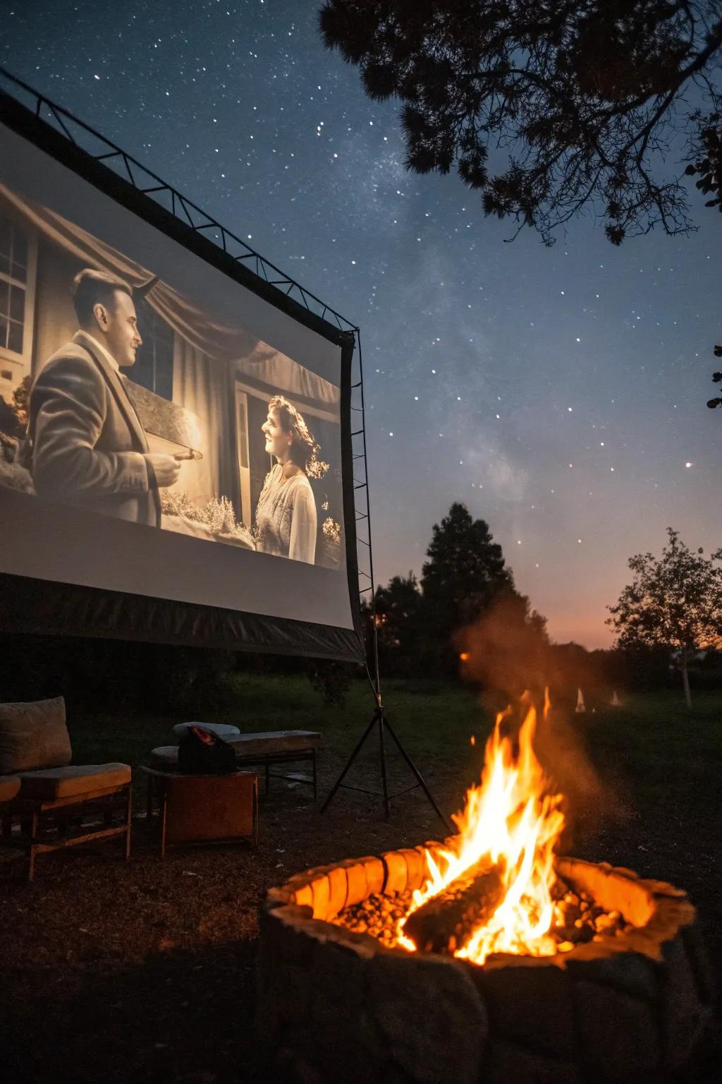 An open-air film viewing by the bonfire.
