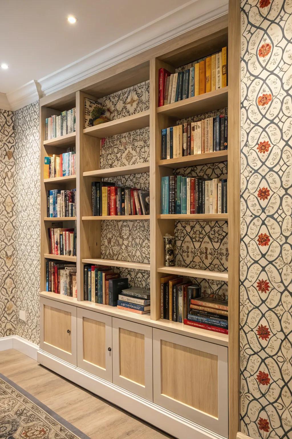 Wall coverings introduce design to bookcases.