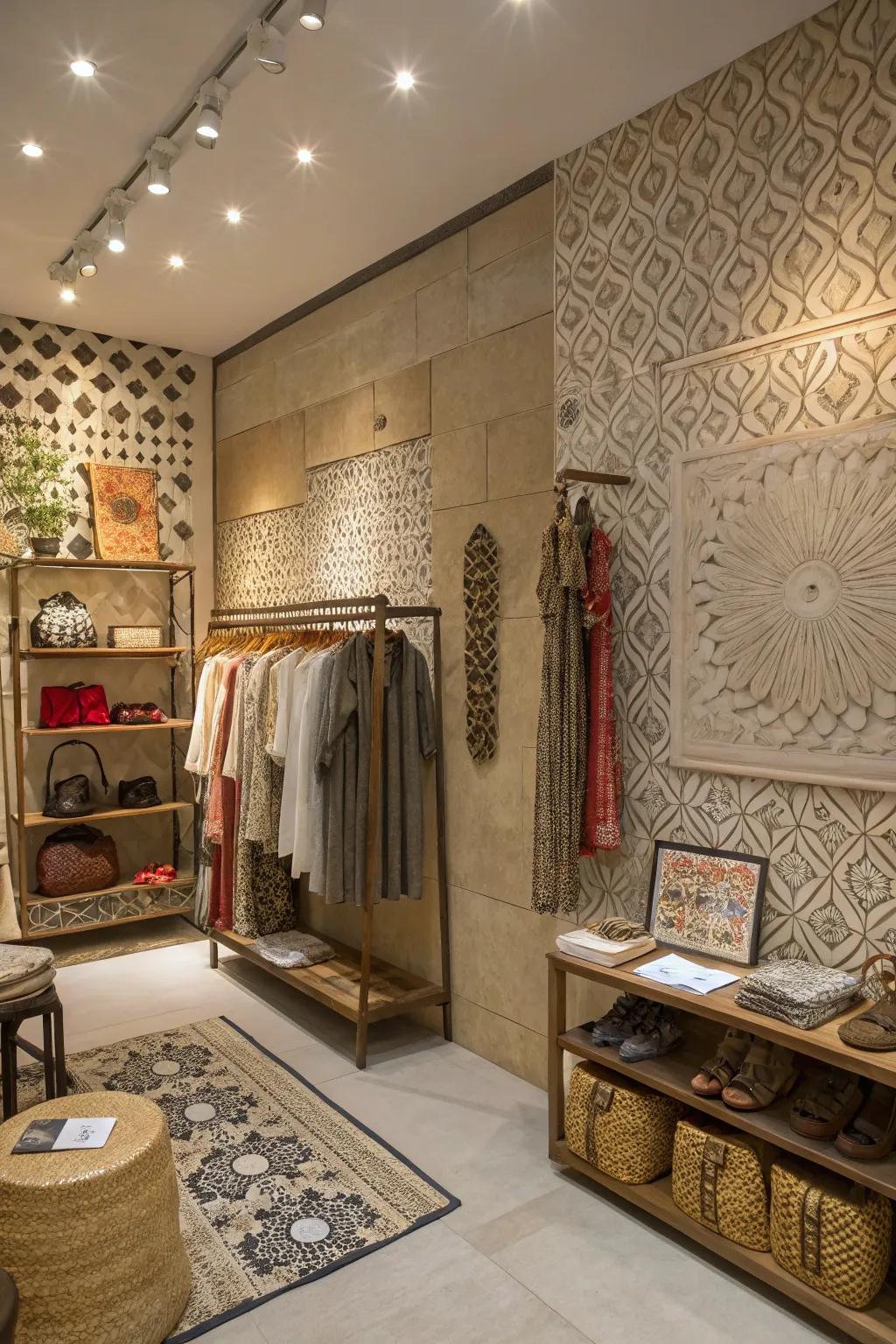 A boutique interior featuring textured walls, introducing dimension and visual interest to the area.