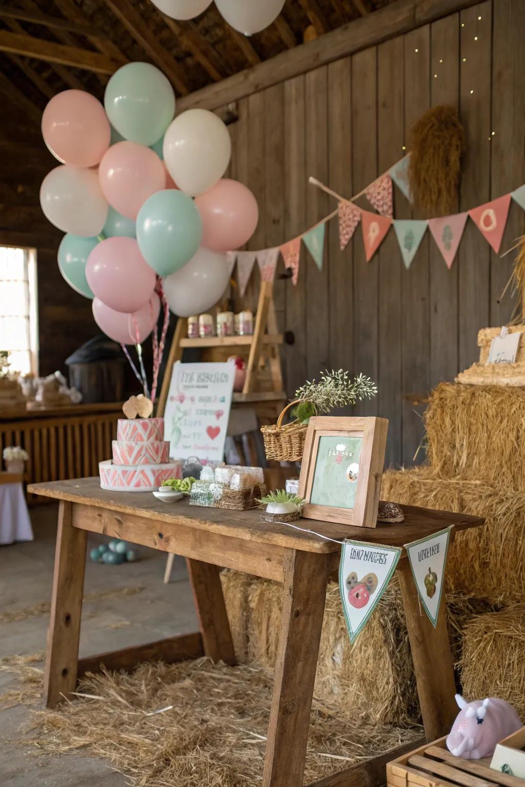 A farm-themed baby shower with rustic and charming decorations