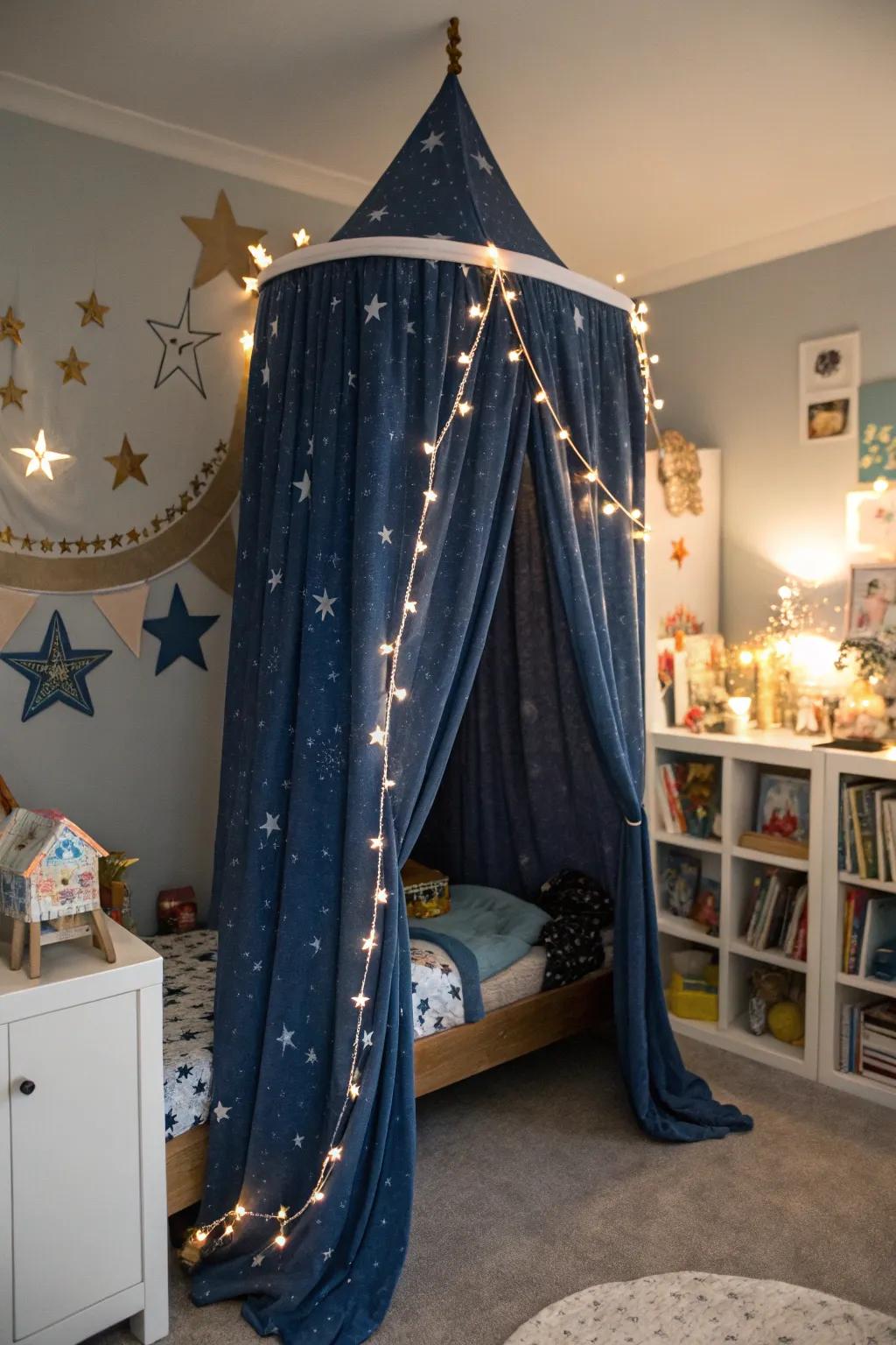 Drift asleep under the stars with this starry night-themed canopy bed.