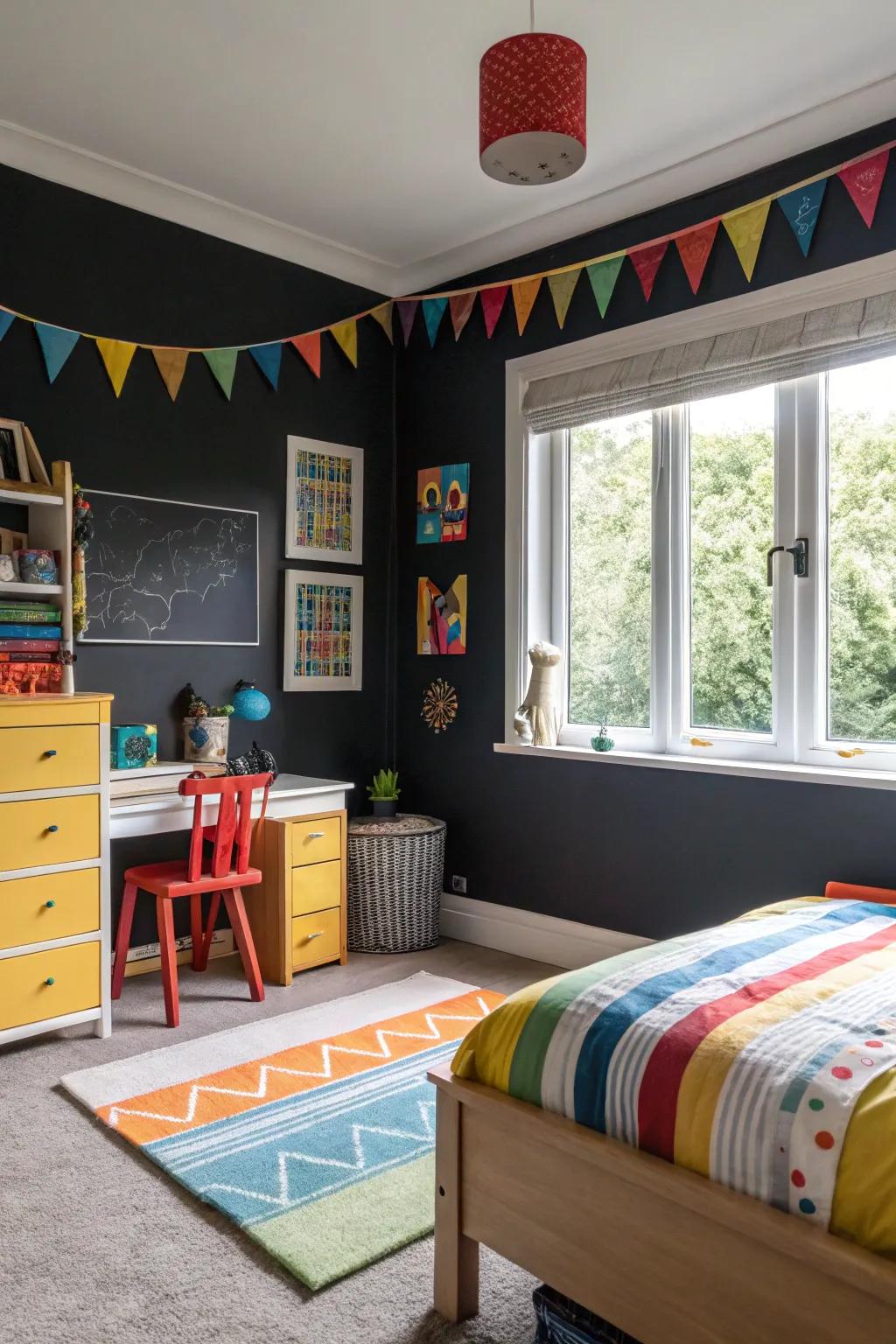 Daring and refined with ebony walls.