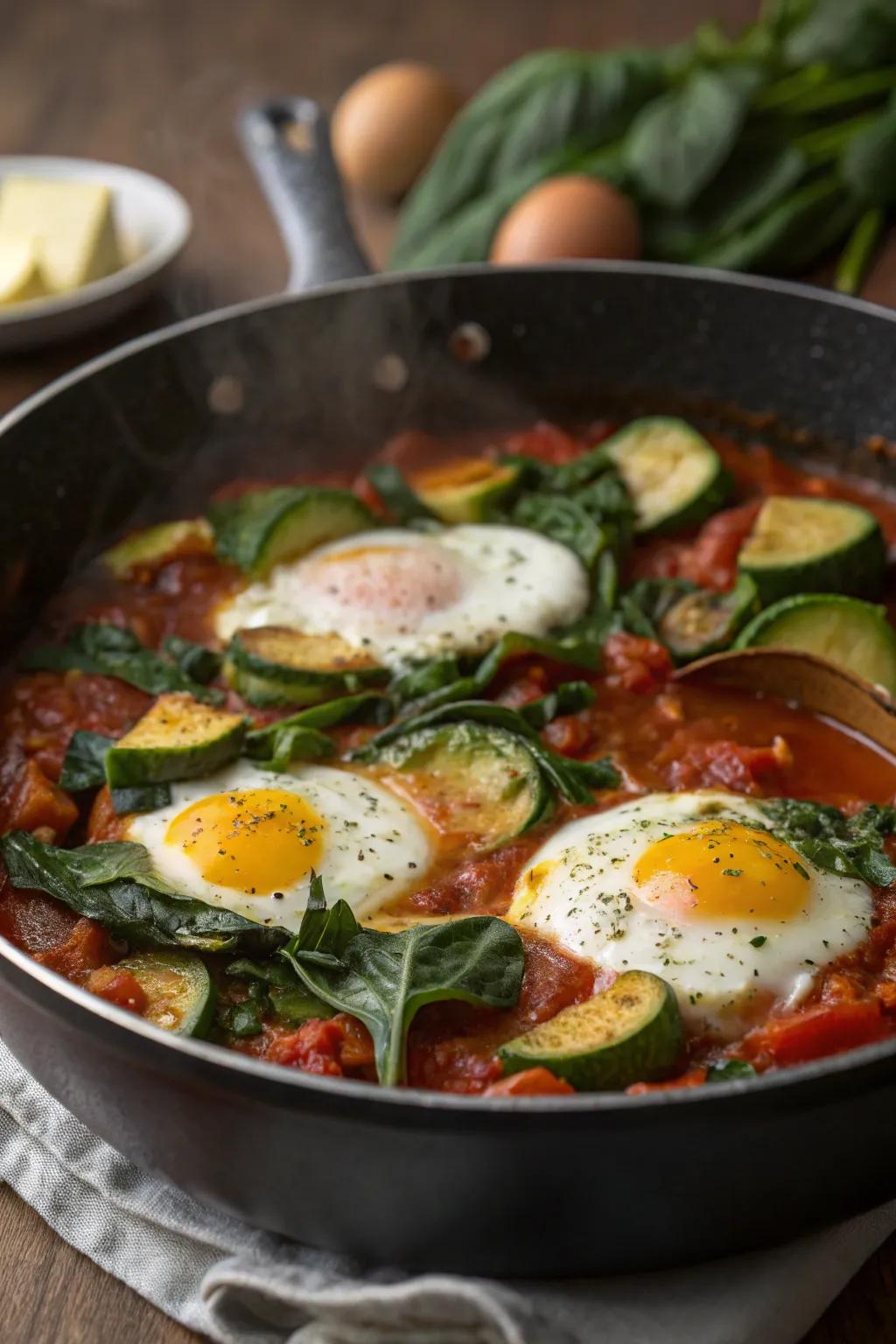 A vegetable-packed shakshuka, offering a flavorful and fulfilling breakfast.