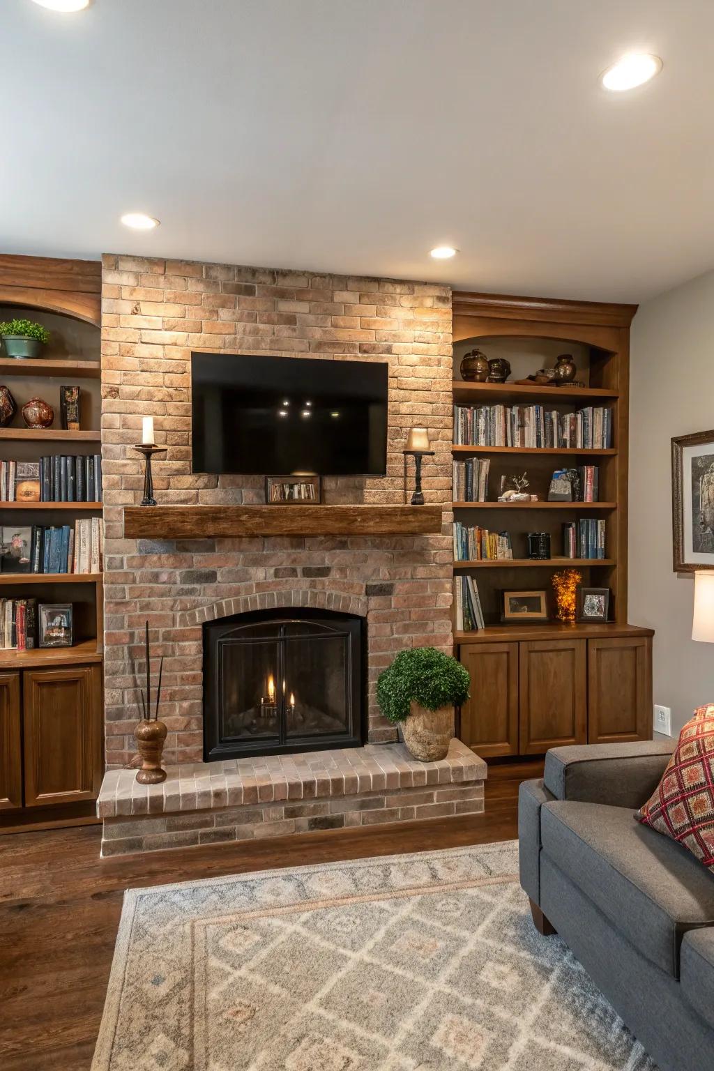 Recessed shelving around the hearth adds design and storage.