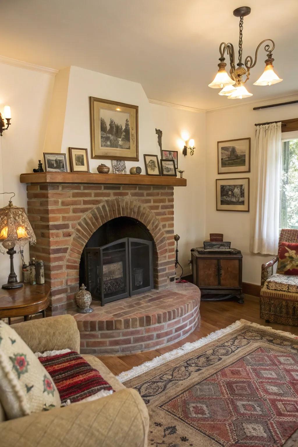 A curved brick hearth contributing classic charm to this vintage-inspired space.