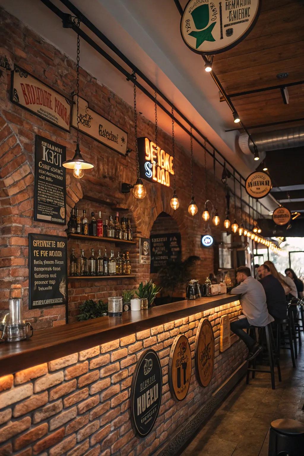 Ornamental plaques add personality to a brick wall bar.