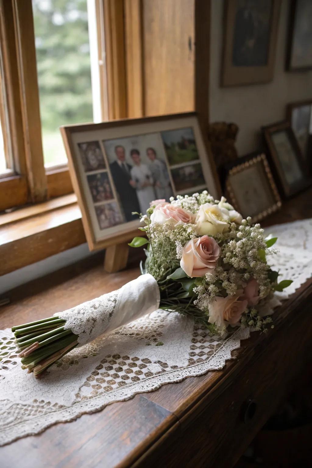 A napkin drape appends a individualized, emotive stroke to bridal bouquets.