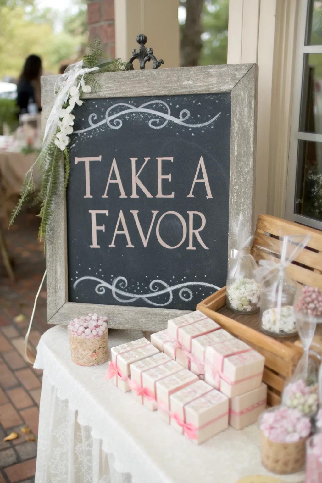 A gift station with a chalkboard sign expresses gratitude to guests.