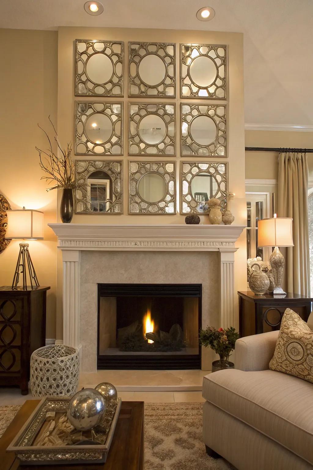 Reflective hearth artwork contributes glamour onto whichever fireside.