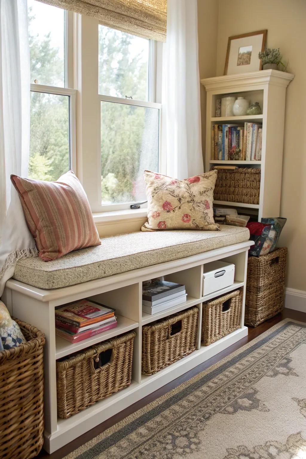 Storage under a bench is a clever way to keep your living room tidy.