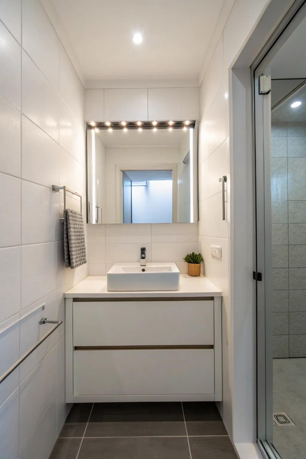 An elevated vanity unveils floor space, rendering the bathroom feeling more expansive.