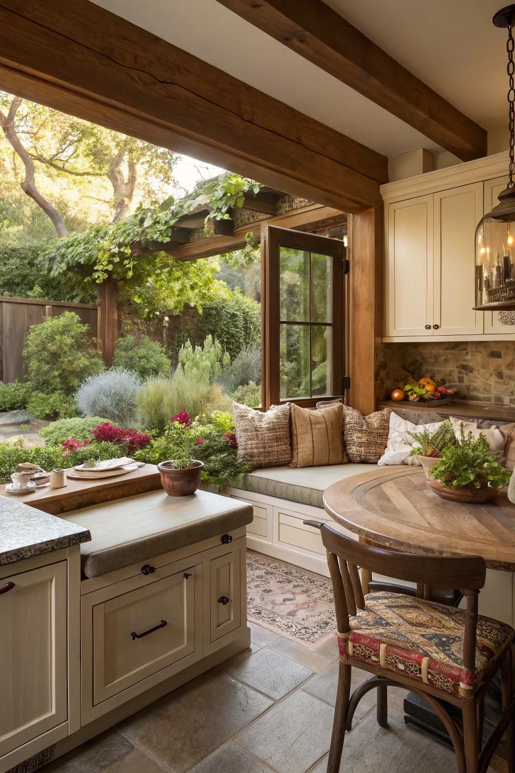 Enjoy a garden outlook with a wrap-around banquette in your kitchen.