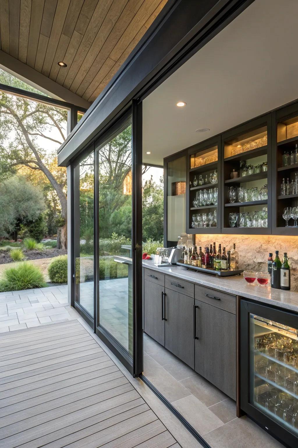 A pass-through bar seamlessly combines indoor and outdoor entertaining.