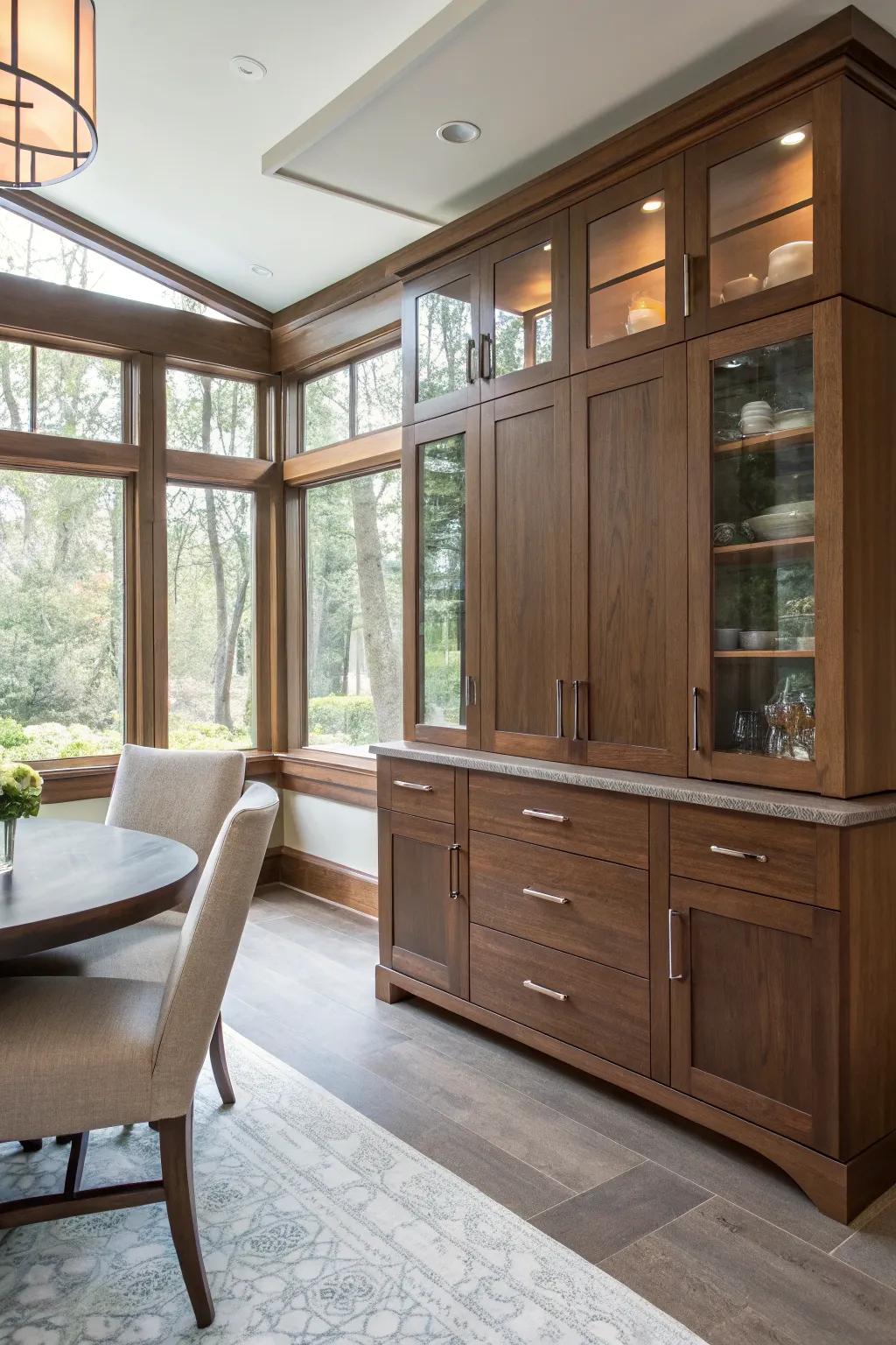 Custom-fit cabinets seamlessly integrated into a distinctive dining room space.