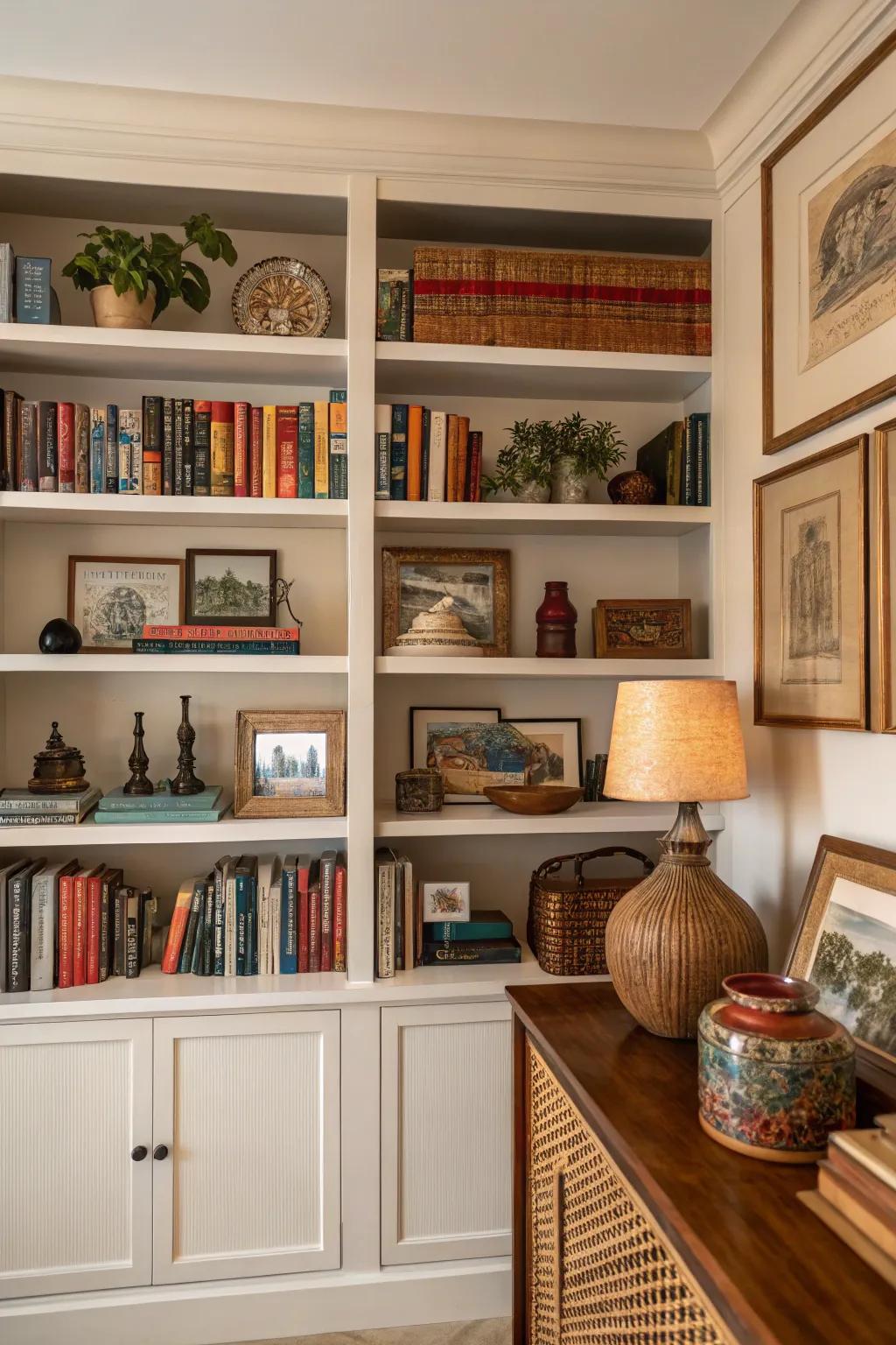 An eclectic combination of items gives constructed shelves a dynamic vibe.