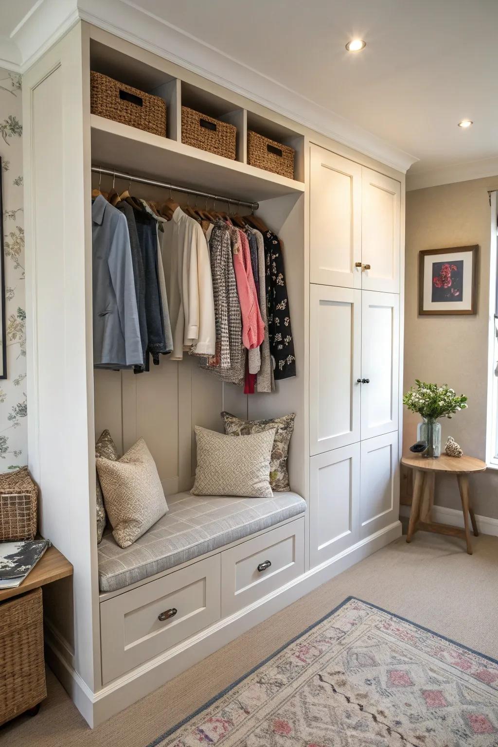 Integrated seating enhances both comfort and functional attributes of wardrobes.