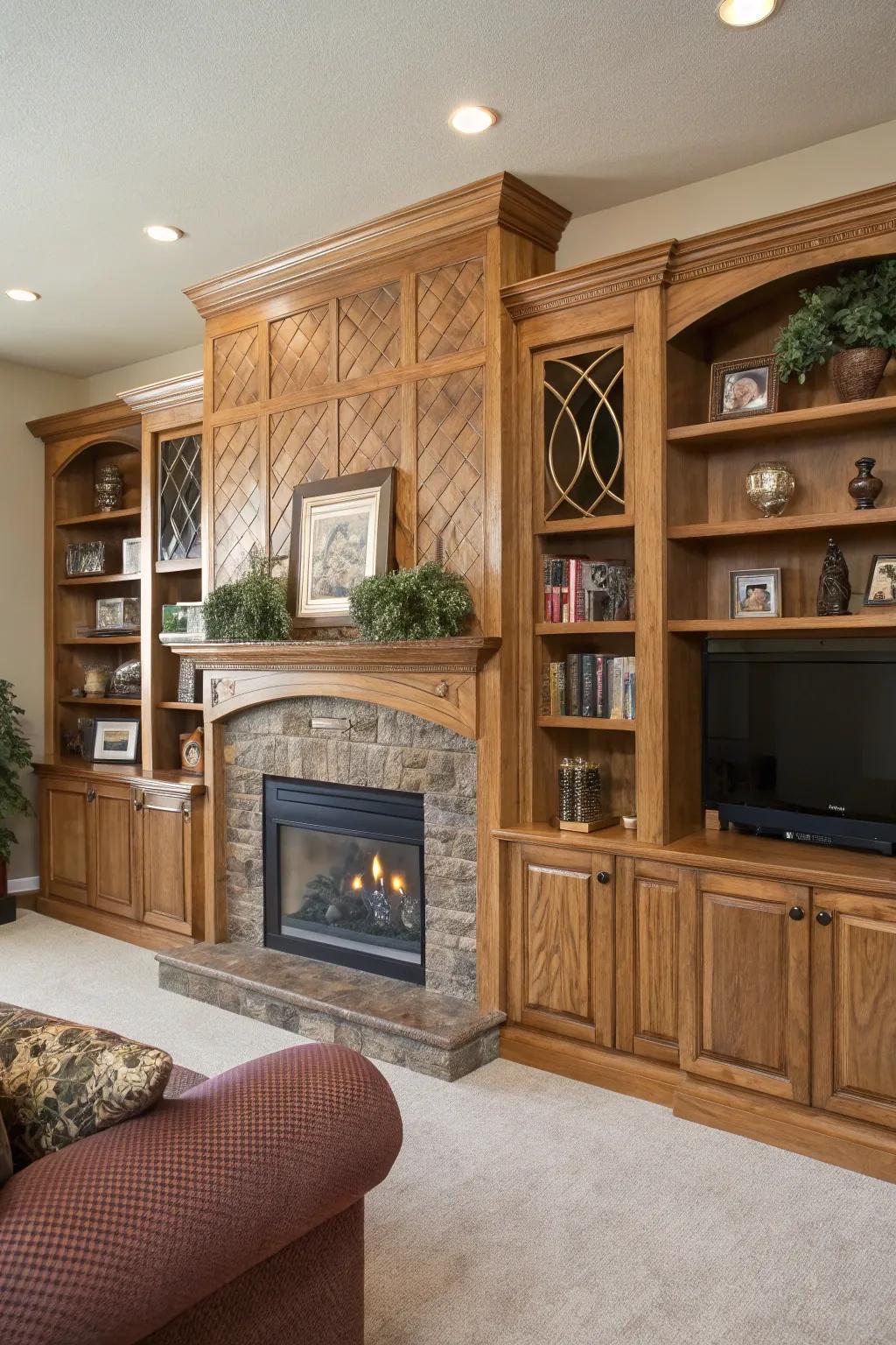 Artistic woodwork enriches the character of fireplace built-ins.
