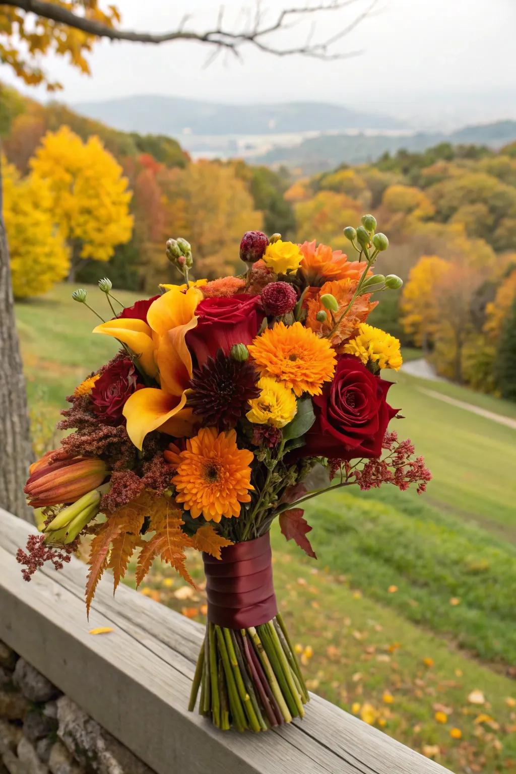 A striking bouquet with burgundy, orange, and yellow flowers.