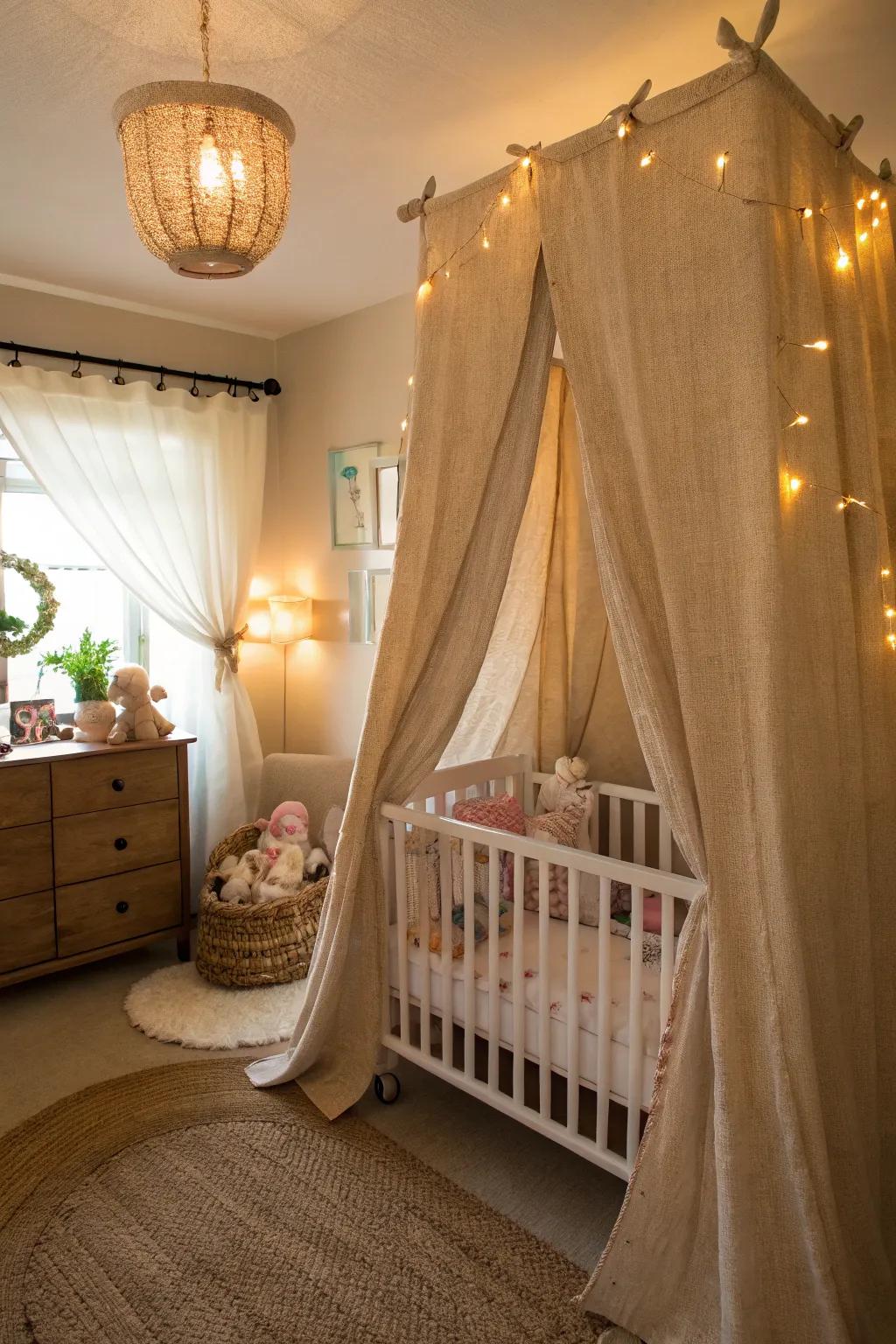 Soft sackcloth drapes create a serene nursery.