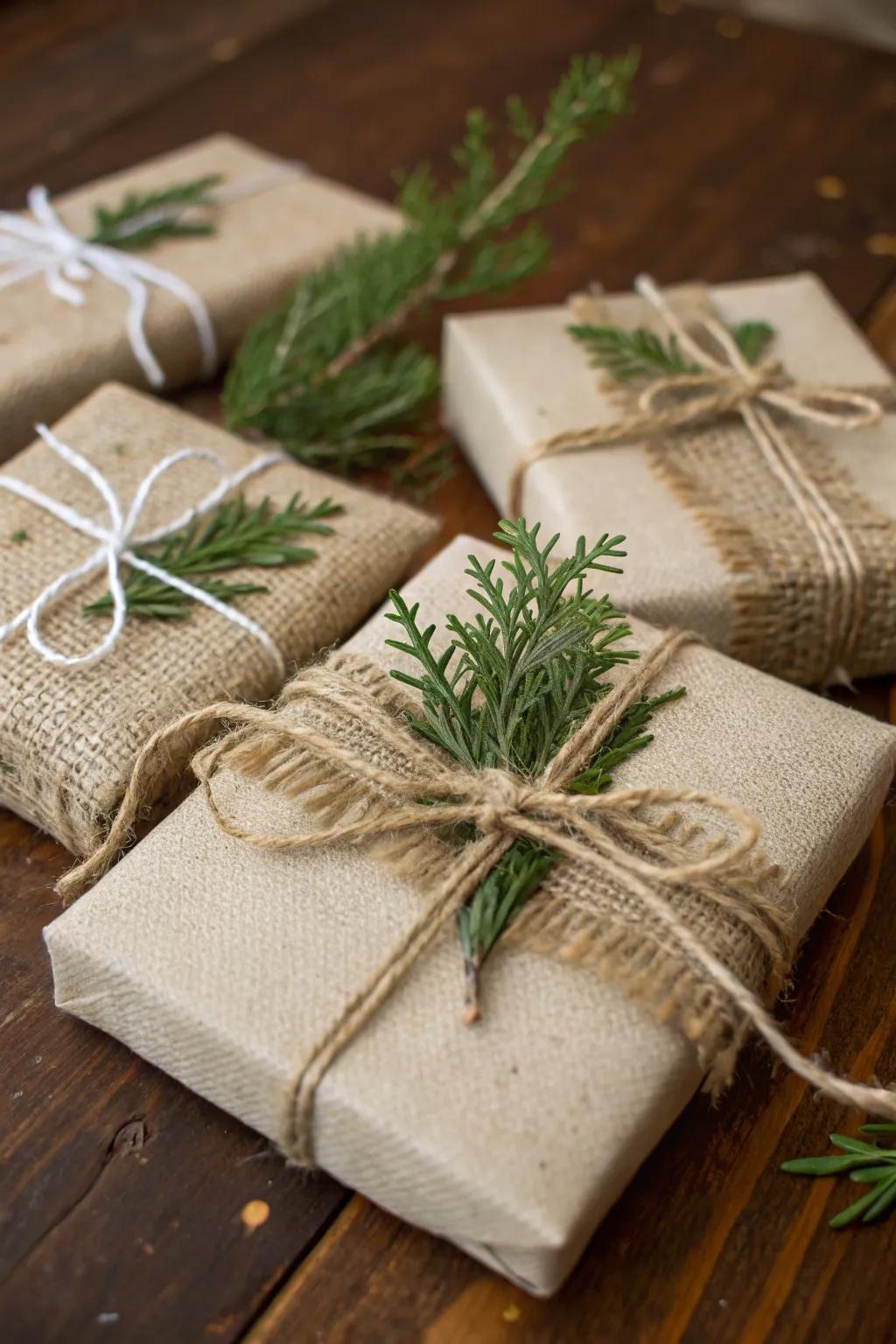 Hessian present wrapping embodies both charm and environmental mindfulness.