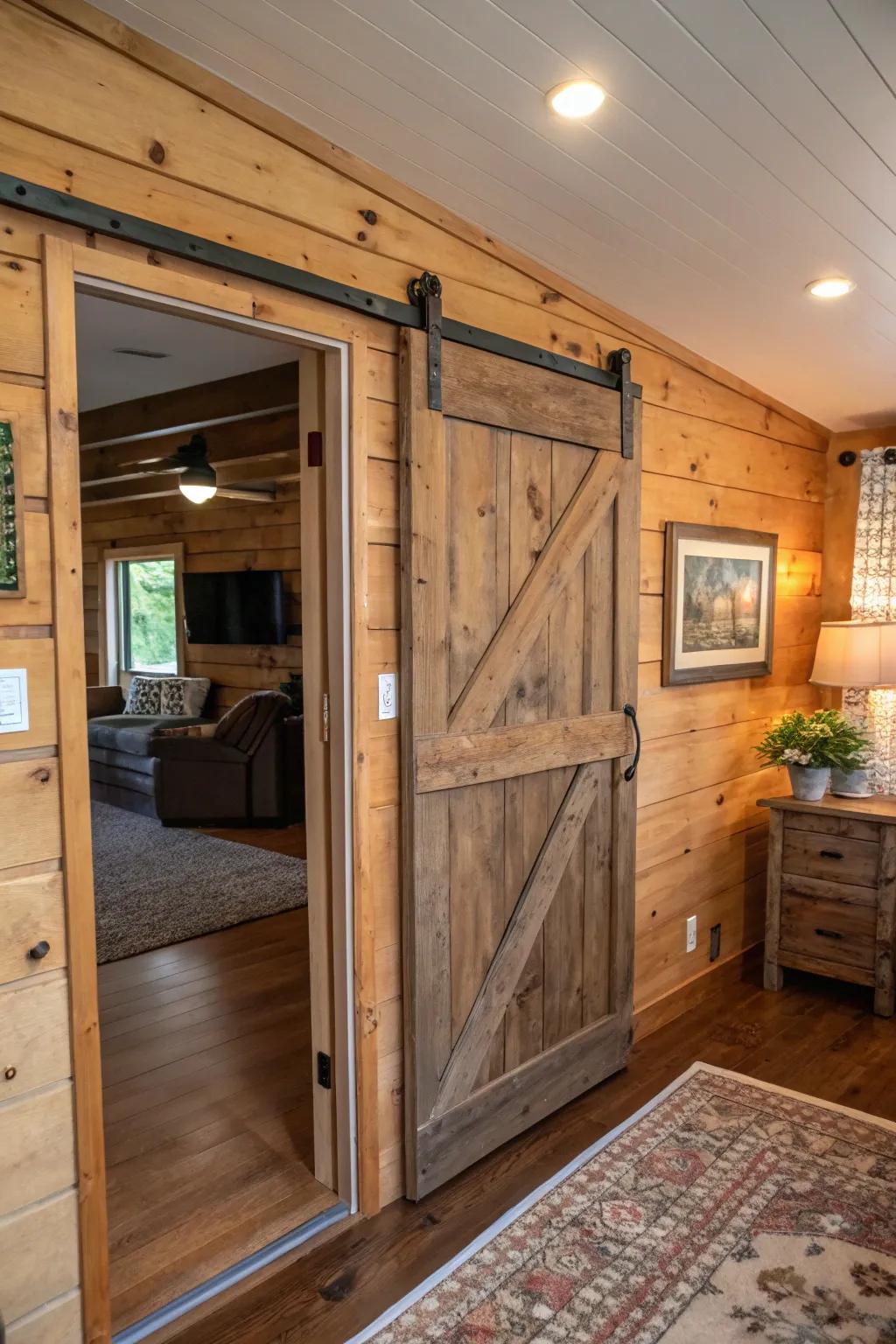 A rustic sliding barn door blends useful function with a touch of countryside charm.