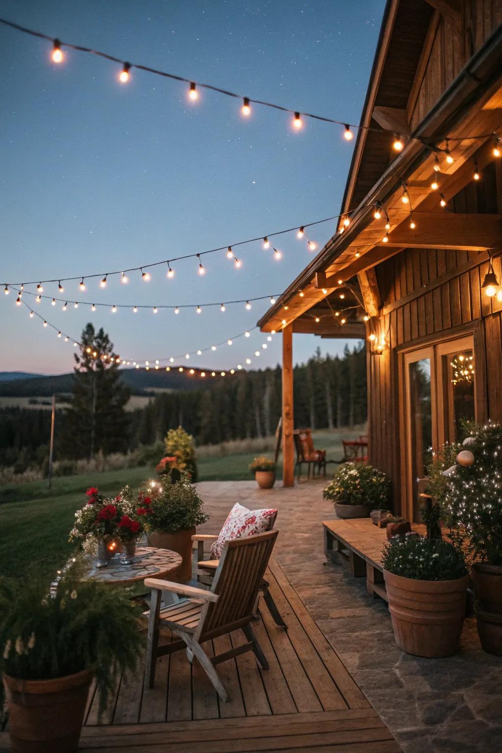 Tinsel providing surrounding lighting on a cabin patio.