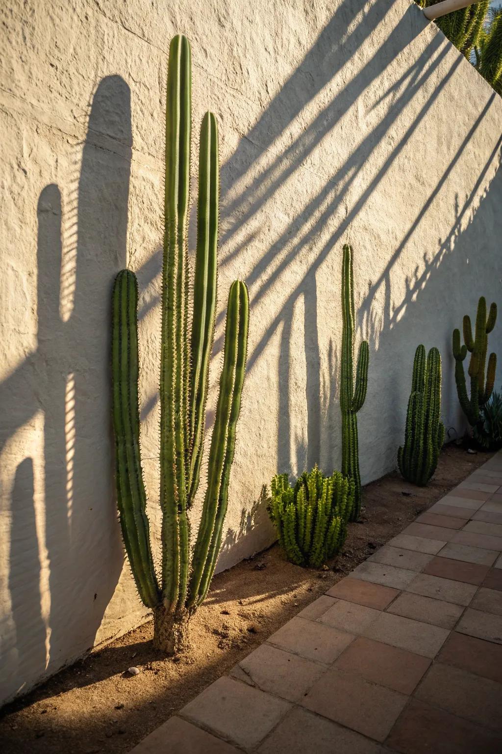 Towering cacti creating strong contrast against a light backdrop.