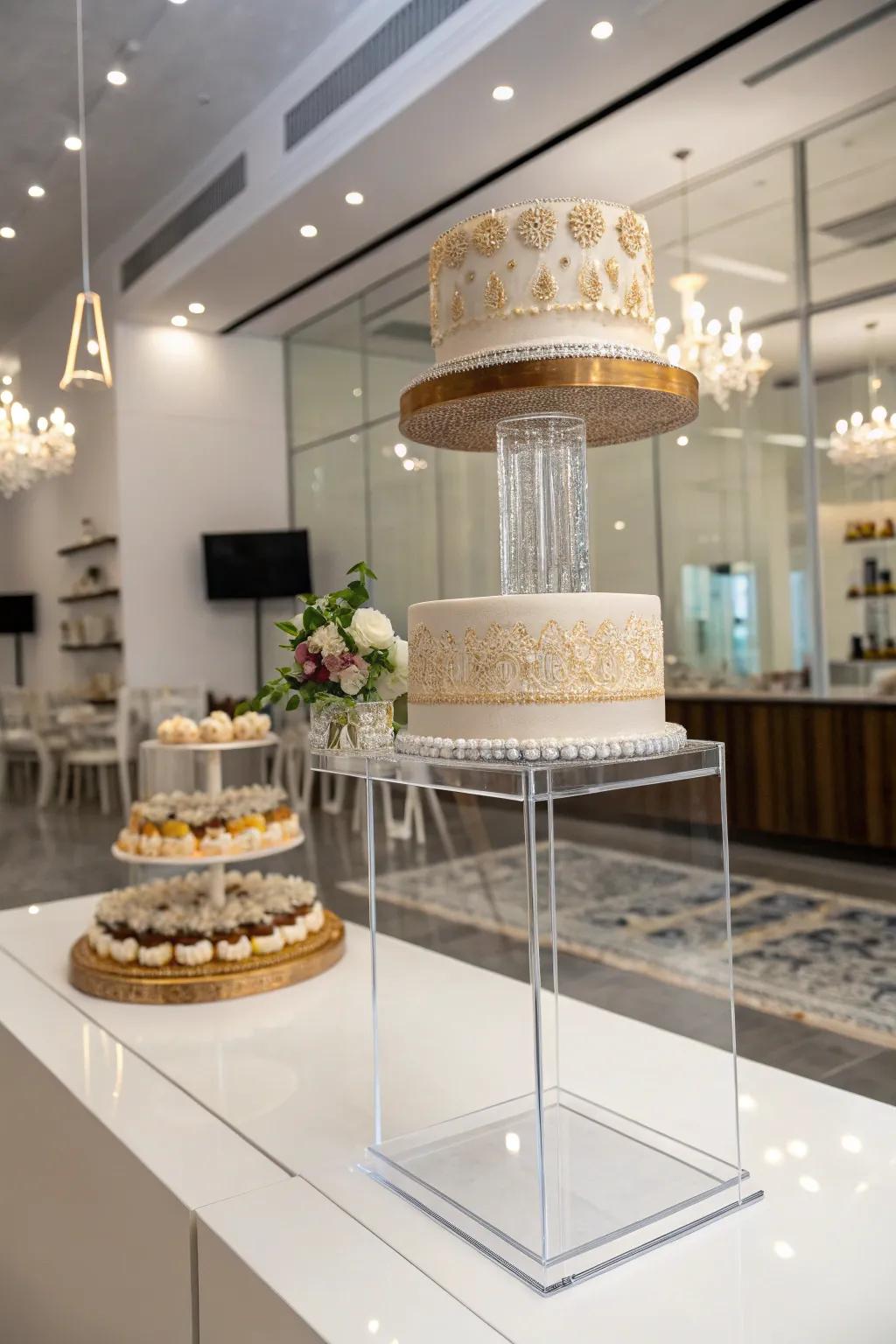 A cake creating a floating illusion with an acrylic stand, adding modern magic to the table.